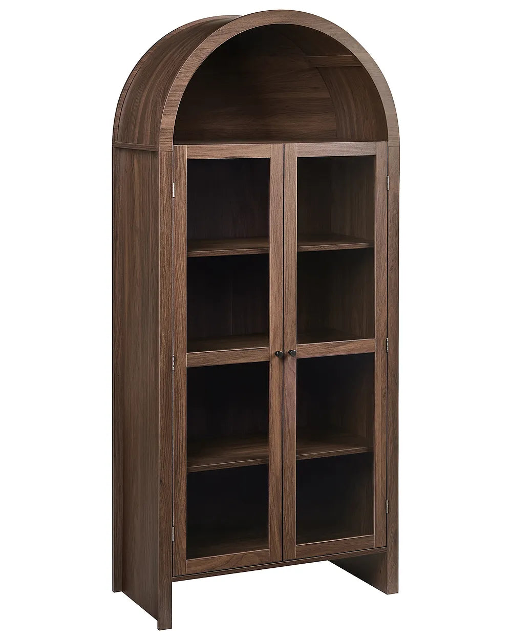 A tall arched wooden bookcase cabinet with two glass-front doors and four interior shelves, shown on a plain white background.