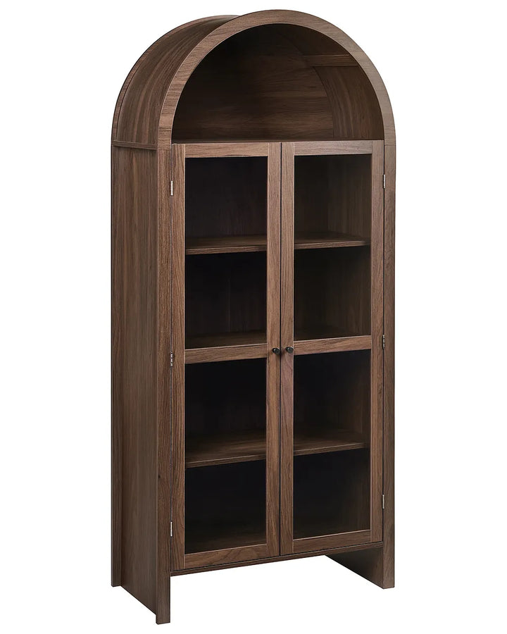 A tall arched wooden bookcase cabinet with two glass-front doors and four interior shelves, shown on a plain white background.