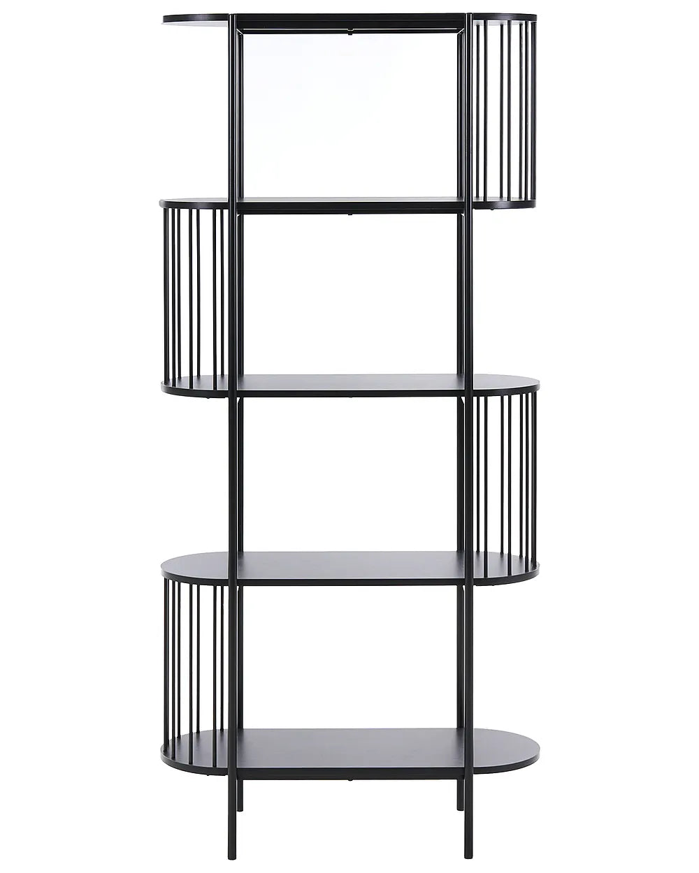 A modern four-tier shelving unit with a black metal frame and curved dark gray glass shelves, shown against a plain white background.