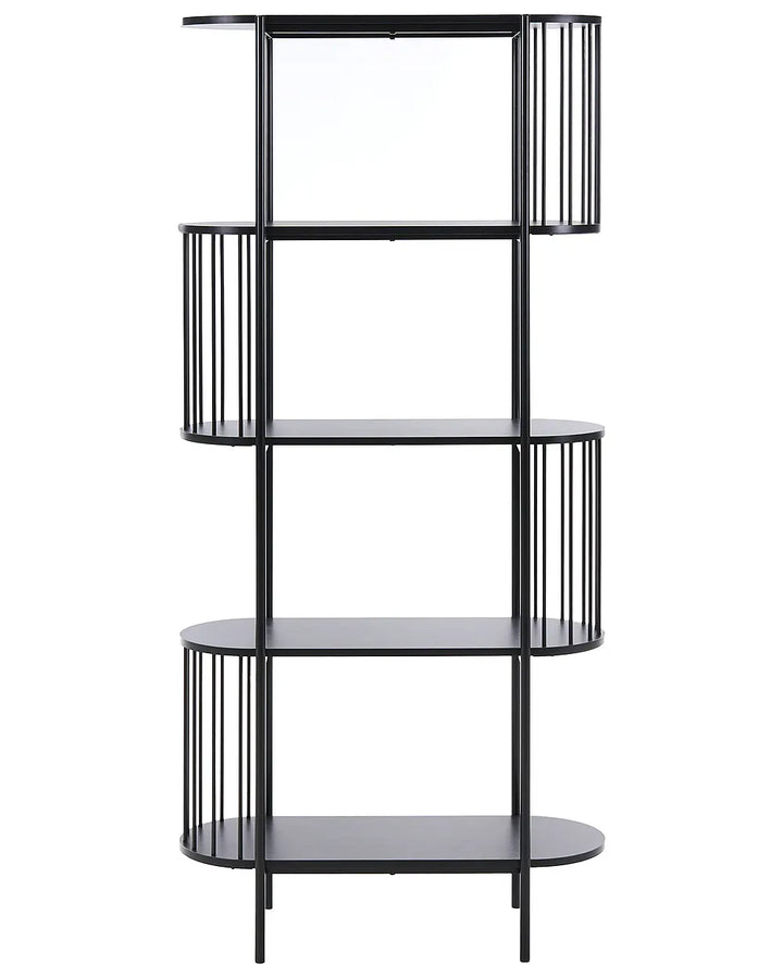 A modern four-tier shelving unit with a black metal frame and curved dark gray glass shelves, shown against a plain white background.