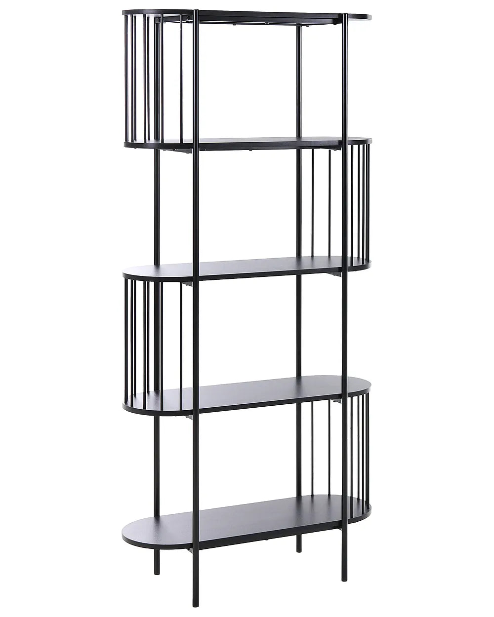 A modern 5-tier bookcase with a black metal frame and dark gray shelves, shown against a plain white background.