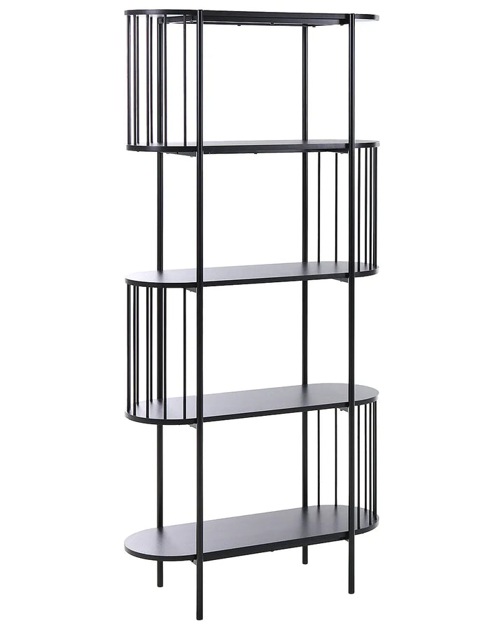 A modern 5-tier bookcase with a black metal frame and dark gray shelves, shown against a plain white background.