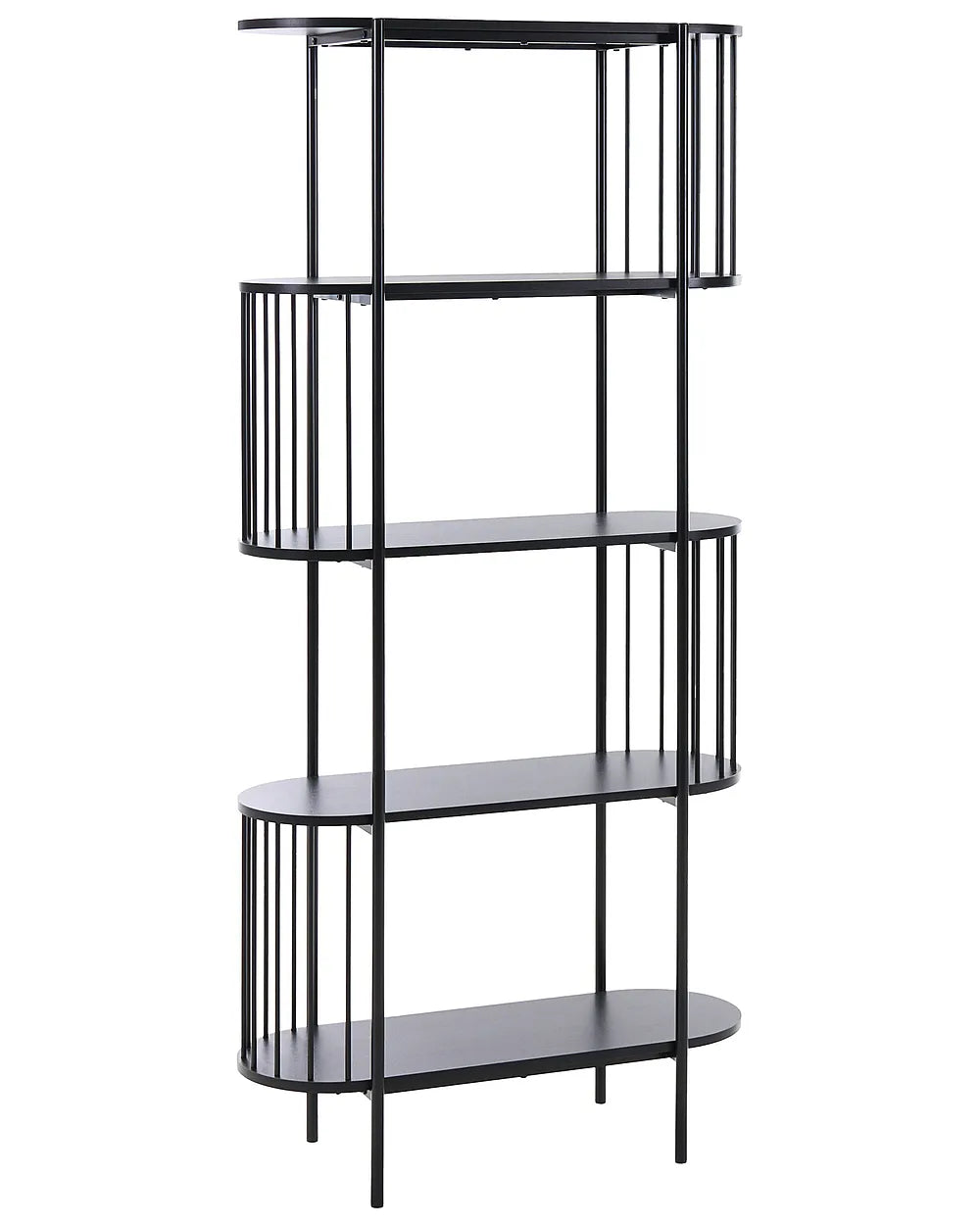 A modern four-tier bookcase with black metal frames and dark gray shelves, shown against a plain white background.
