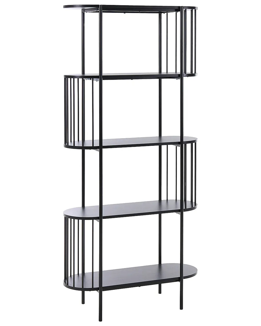 A modern four-tier bookcase with black metal frames and dark gray shelves, shown against a plain white background.
