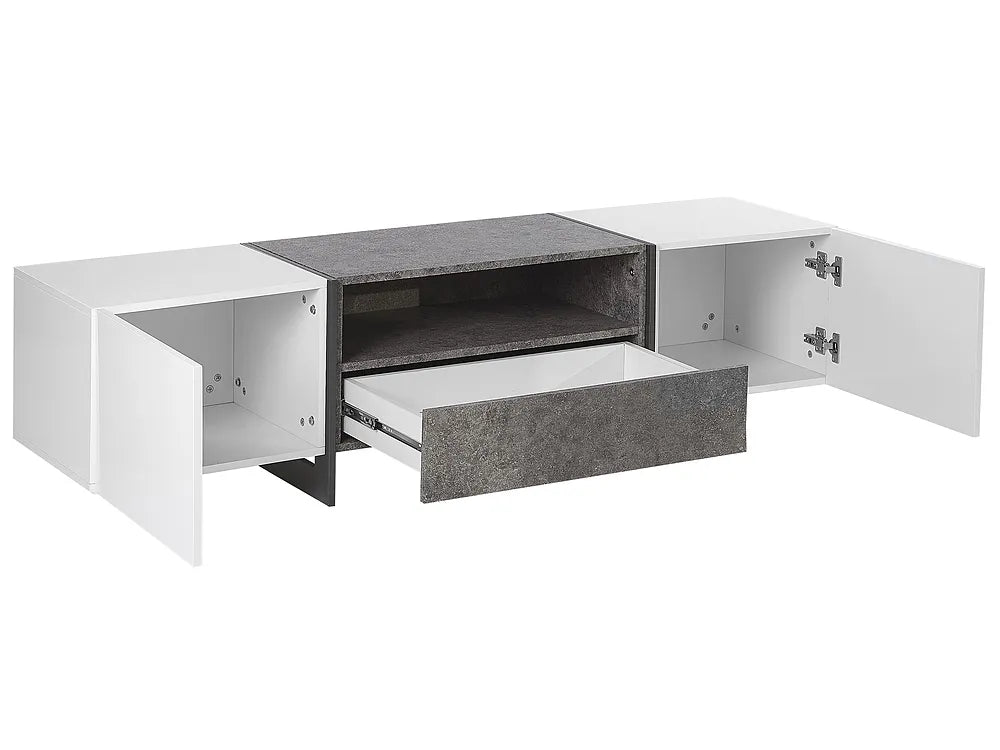A modern low-profile media console cabinet with a white finish, featuring two open side cabinets, a central open shelf, and a textured dark gray drawer pulled out. The cabinet is shown on a solid white background.