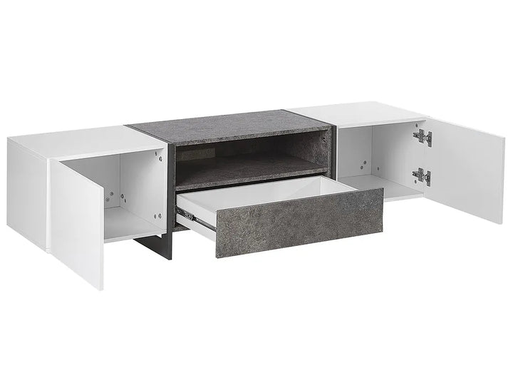 A modern low-profile media console cabinet with a white finish, featuring two open side cabinets, a central open shelf, and a textured dark gray drawer pulled out. The cabinet is shown on a solid white background.