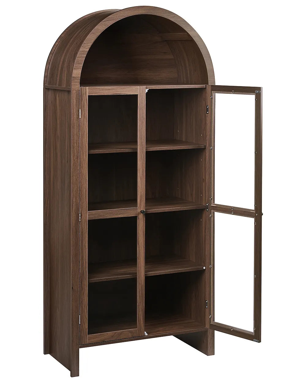 A tall arched wooden bookcase cabinet with a dark brown finish, featuring two glass-paneled doors on the front and open shelving inside, shown with one door open against a white background.