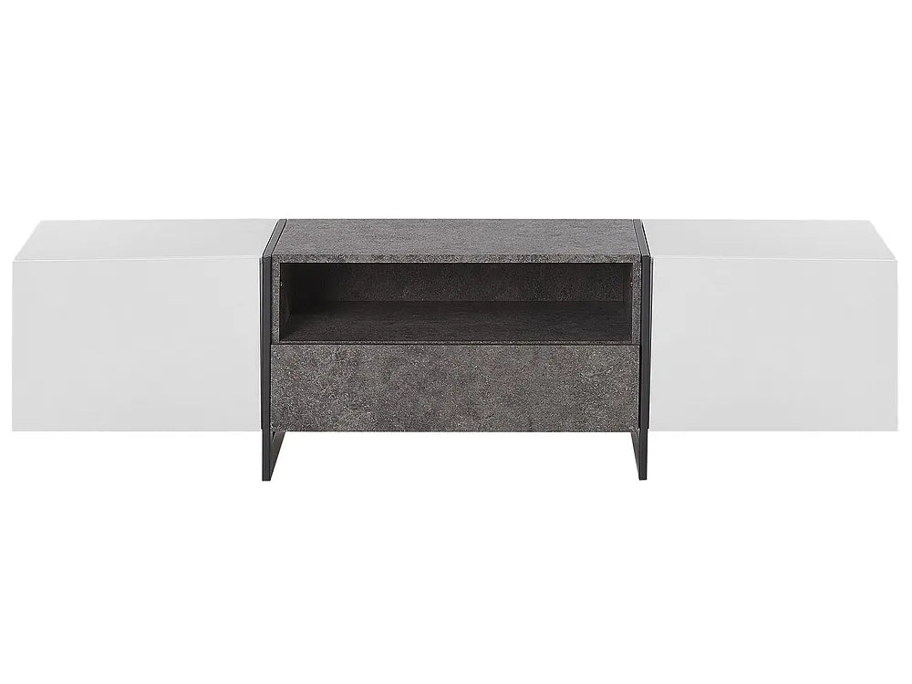 A modern floating media console with a dark gray textured central cabinet and two slim white side cabinets, shown against a plain white background.