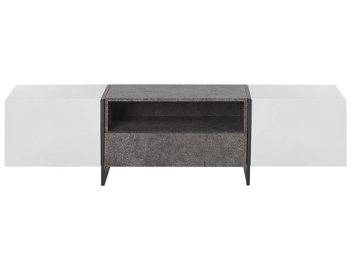 A modern floating media console with a dark gray textured central cabinet and two slim white side cabinets, shown against a plain white background.