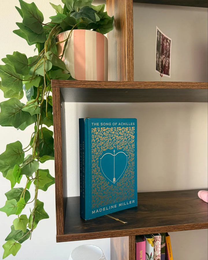 A teal book titled 'The Song of Achilles' by Madeline Miller stands on a dark wood shelf next to a pink and white striped planter with trailing green ivy.