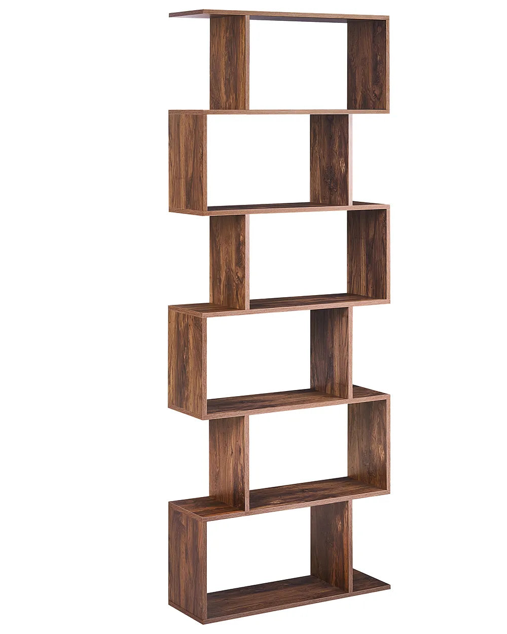 A modern five-tier wooden bookcase with a dark brown walnut finish, shown on a solid white background.