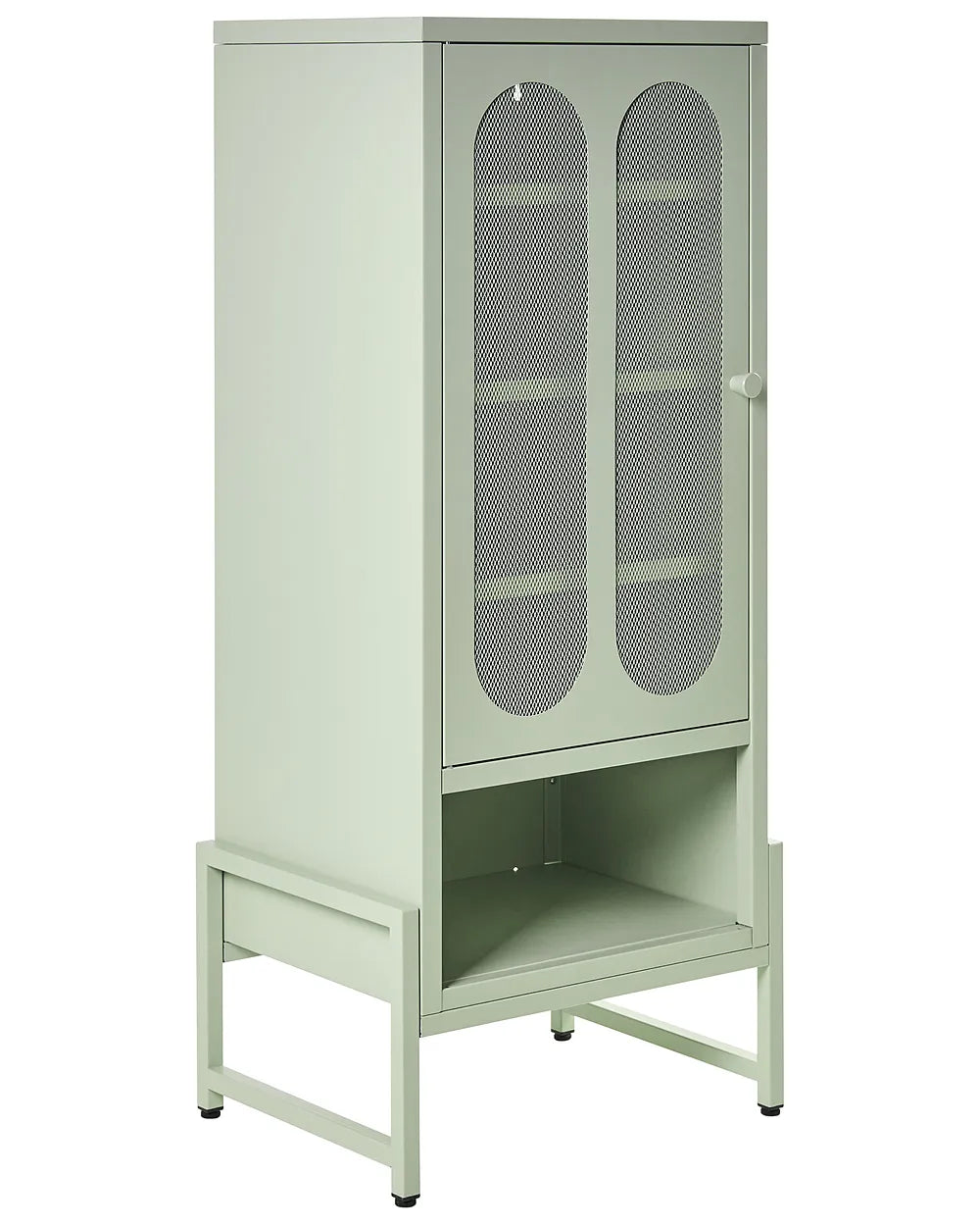 Light green metal cabinet with glass doors on a white background
