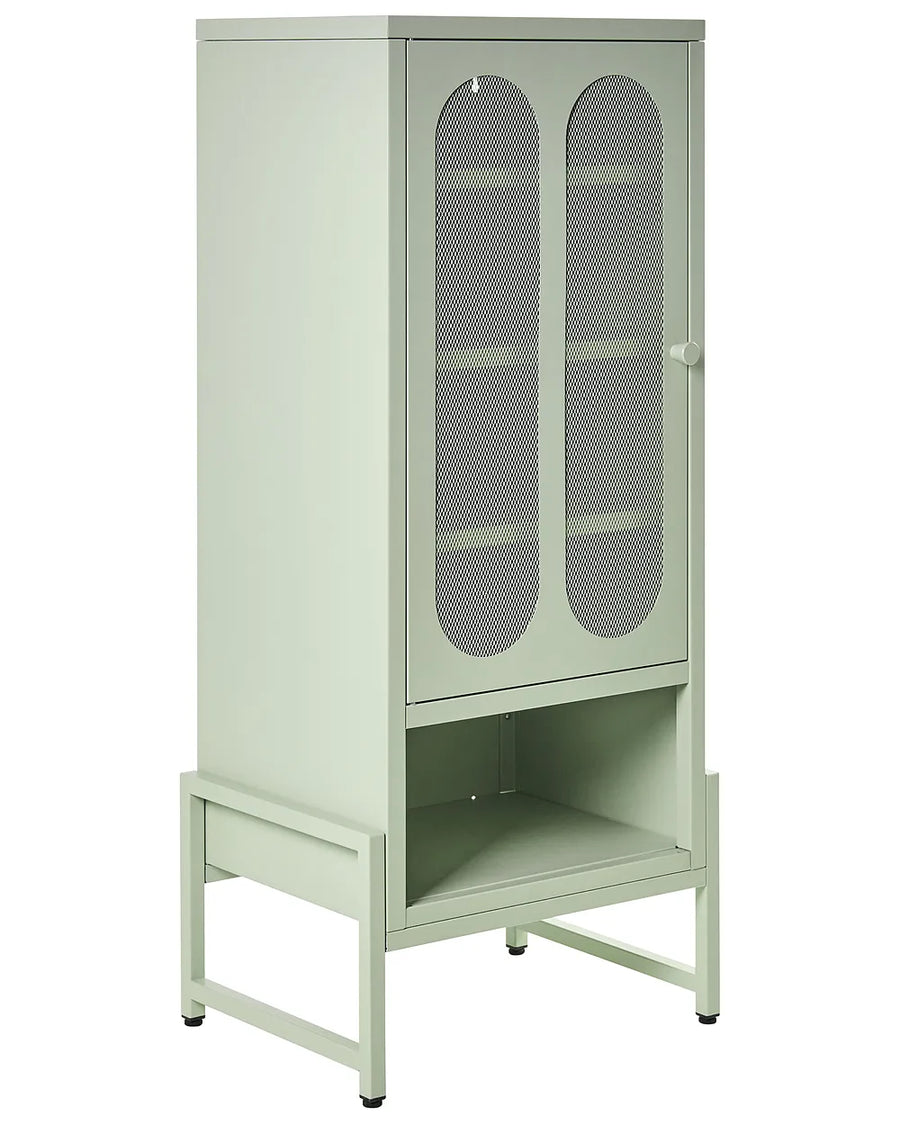 Light green metal cabinet with glass doors on a white background