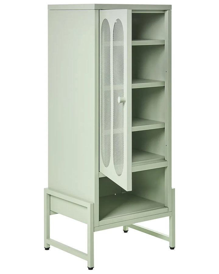 A tall, light sage green metal storage cabinet with a single door featuring two oval mesh ventilation windows, shown with its door open to reveal five interior shelves on a plain white background.