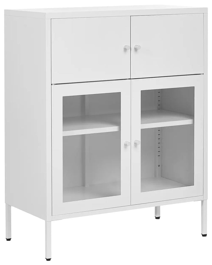A white metal storage cabinet with two upper doors, two lower glass-front doors, and adjustable shelves, shown on a plain white background.