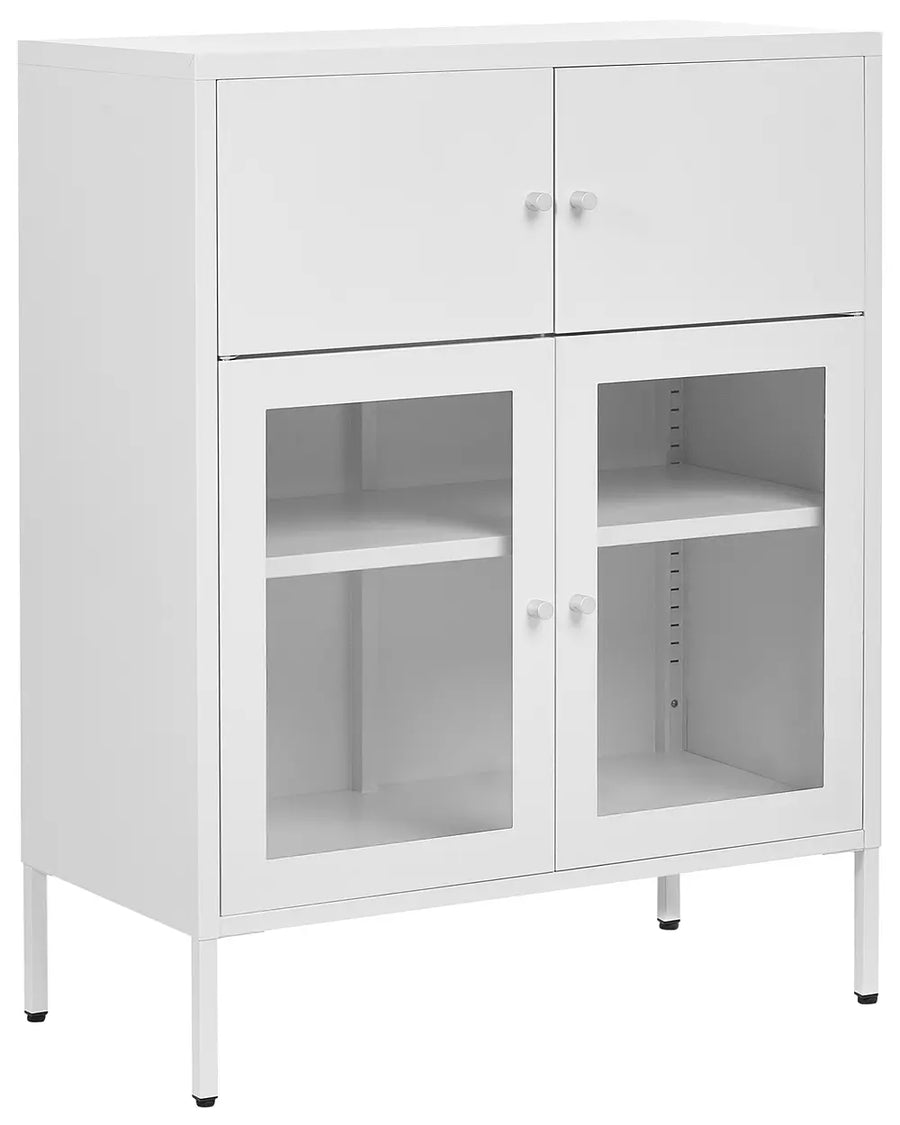 A white metal storage cabinet with two upper doors, two lower glass-front doors, and adjustable shelves, shown on a plain white background.