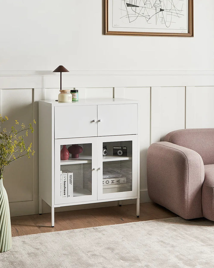 Glass Display Sideboard 80 cm Metal White Choinski