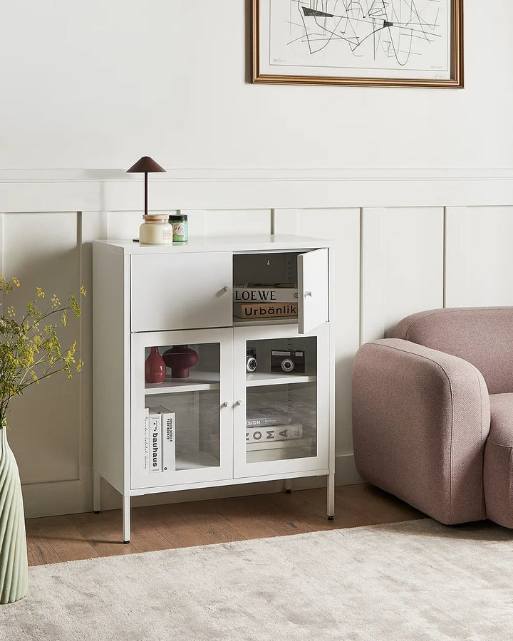 Glass Display Sideboard 80 cm Metal White Choinski