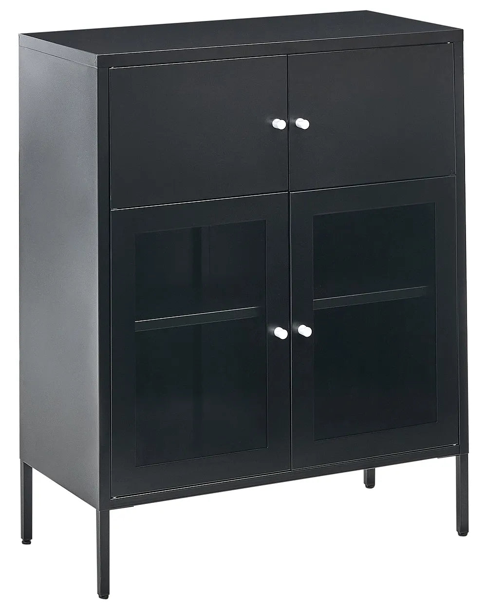 A modern black metal sideboard cabinet with two upper doors, two lower glass-front doors, and slim black legs, shown on a plain white background.