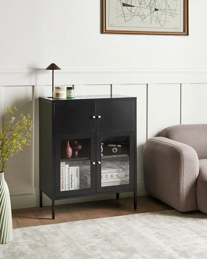 Glass Display Sideboard 80 cm Metal Black Choinski