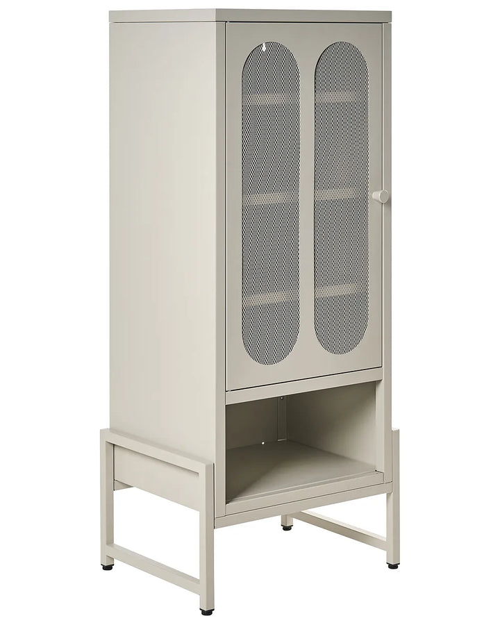 A tall, light gray metal storage cabinet with a partially open door featuring two vertical oval mesh windows