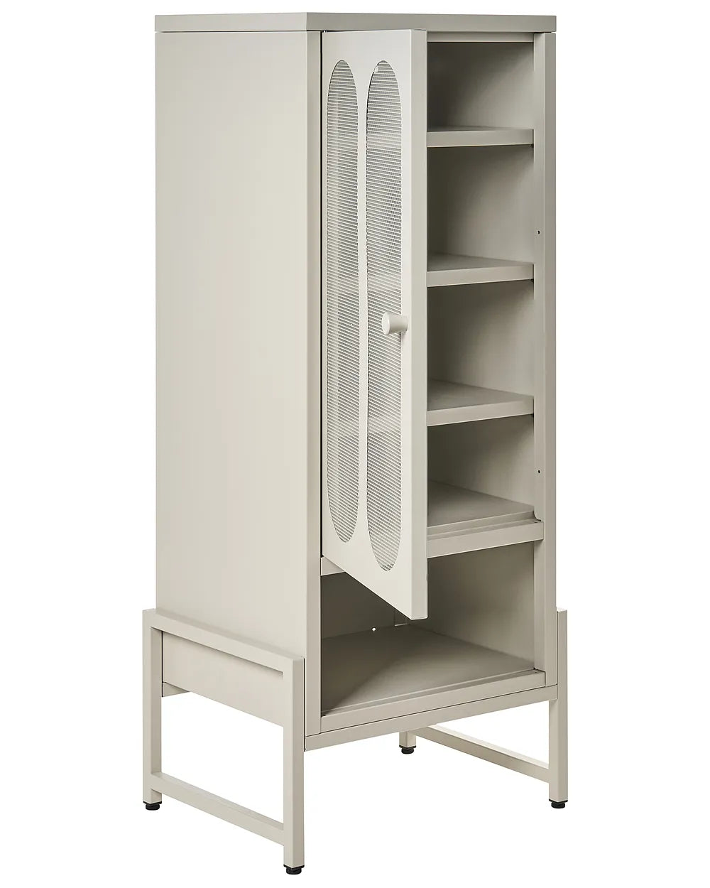 A tall, light gray metal storage cabinet with a partially open door featuring two vertical oval mesh windows, four interior shelves, and a lower base frame, shown on a plain white background.
