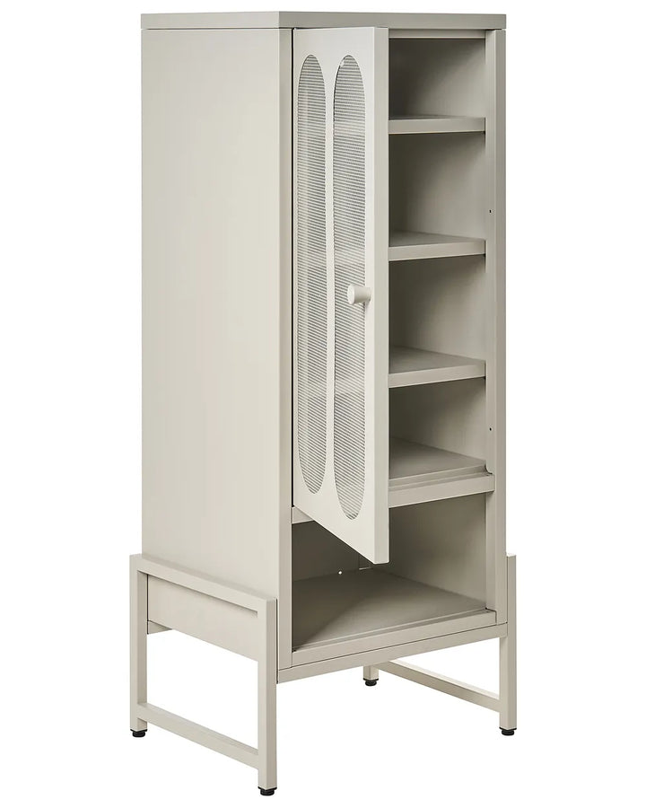 A tall, light gray metal storage cabinet with a partially open door featuring two vertical oval mesh windows, four interior shelves, and a lower base frame, shown on a plain white background.