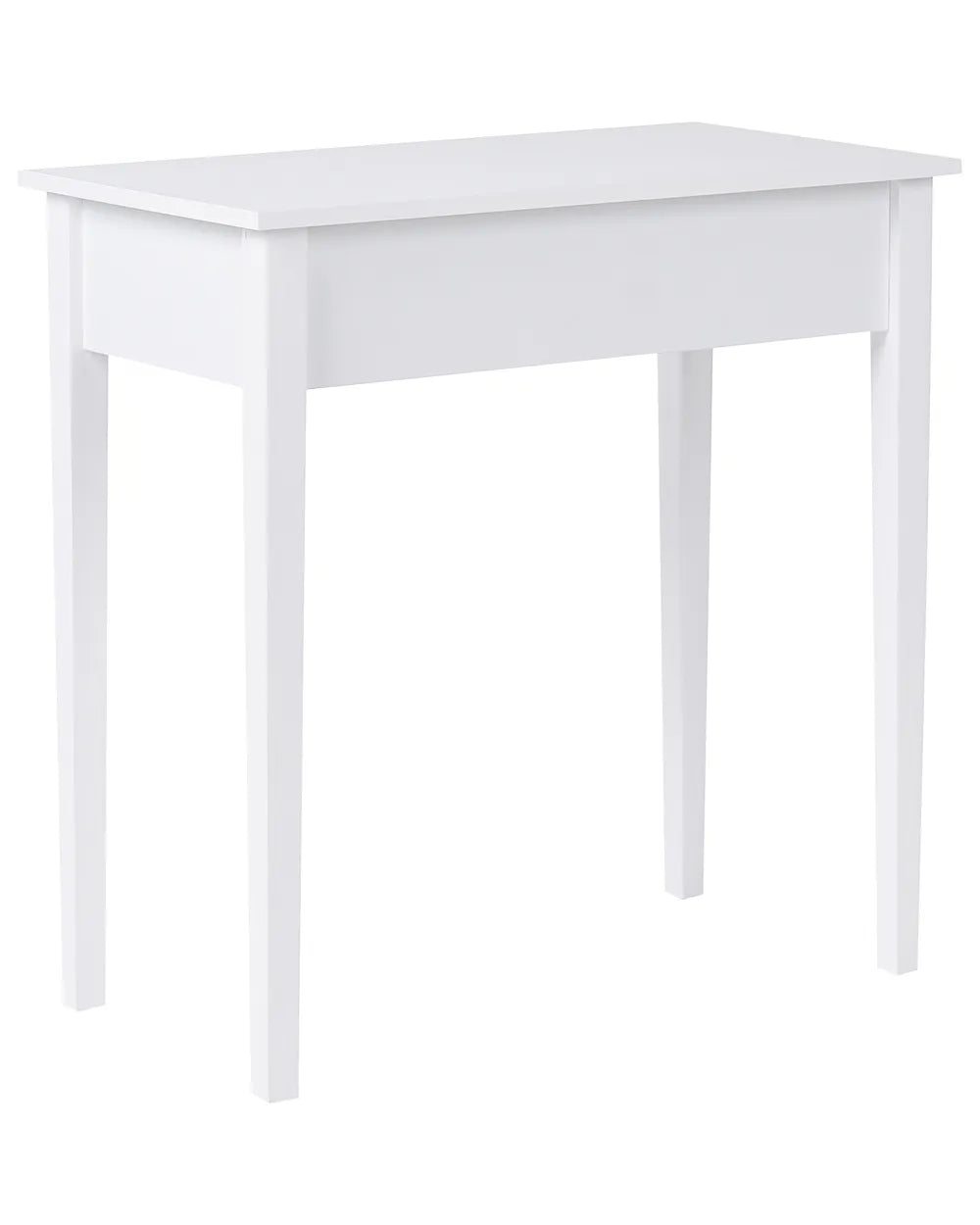 A white wooden writing desk with a single drawer and four legs, shown from a three-quarter angle on a white background.