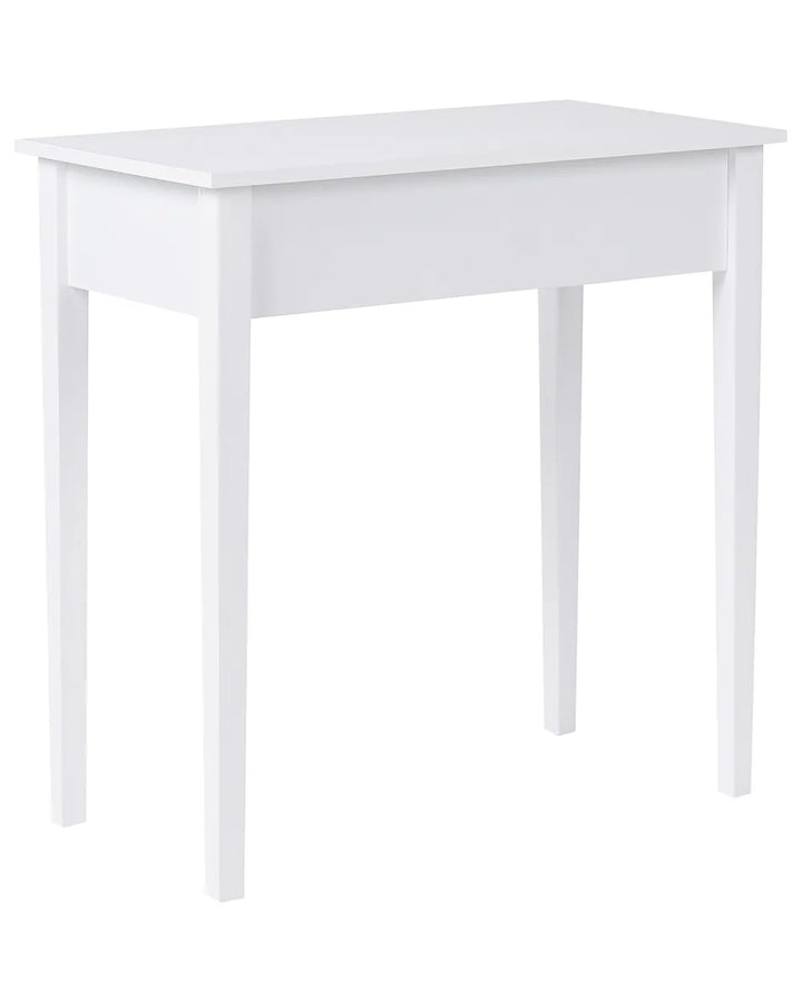 A white wooden writing desk with a single drawer and four legs, shown from a three-quarter angle on a white background.