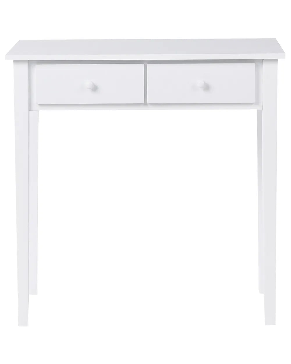 A white wooden writing desk with a single drawer and four legs