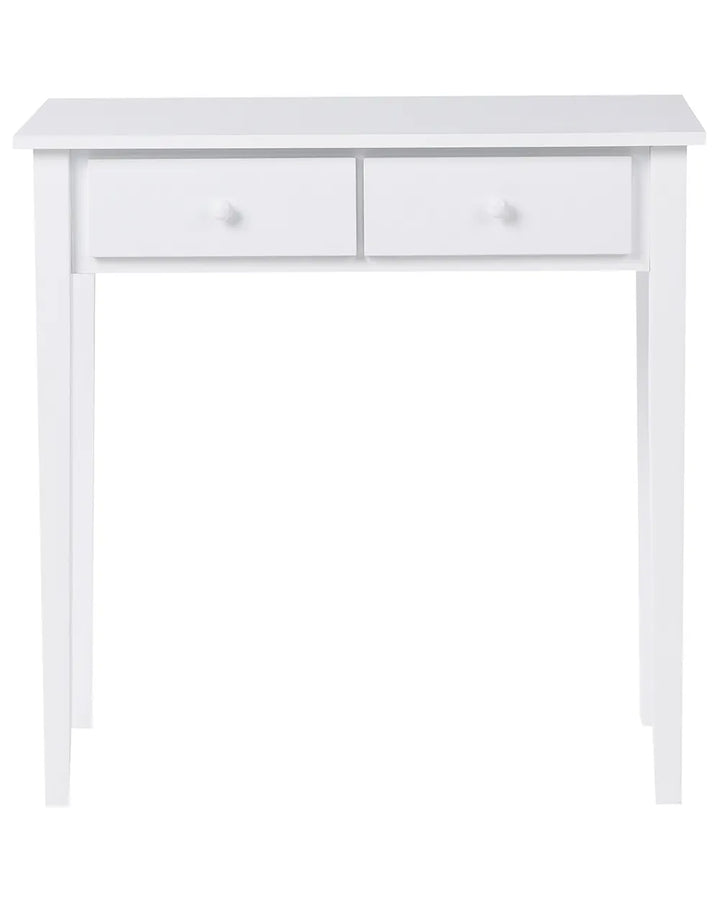 A white wooden writing desk with a single drawer and four legs