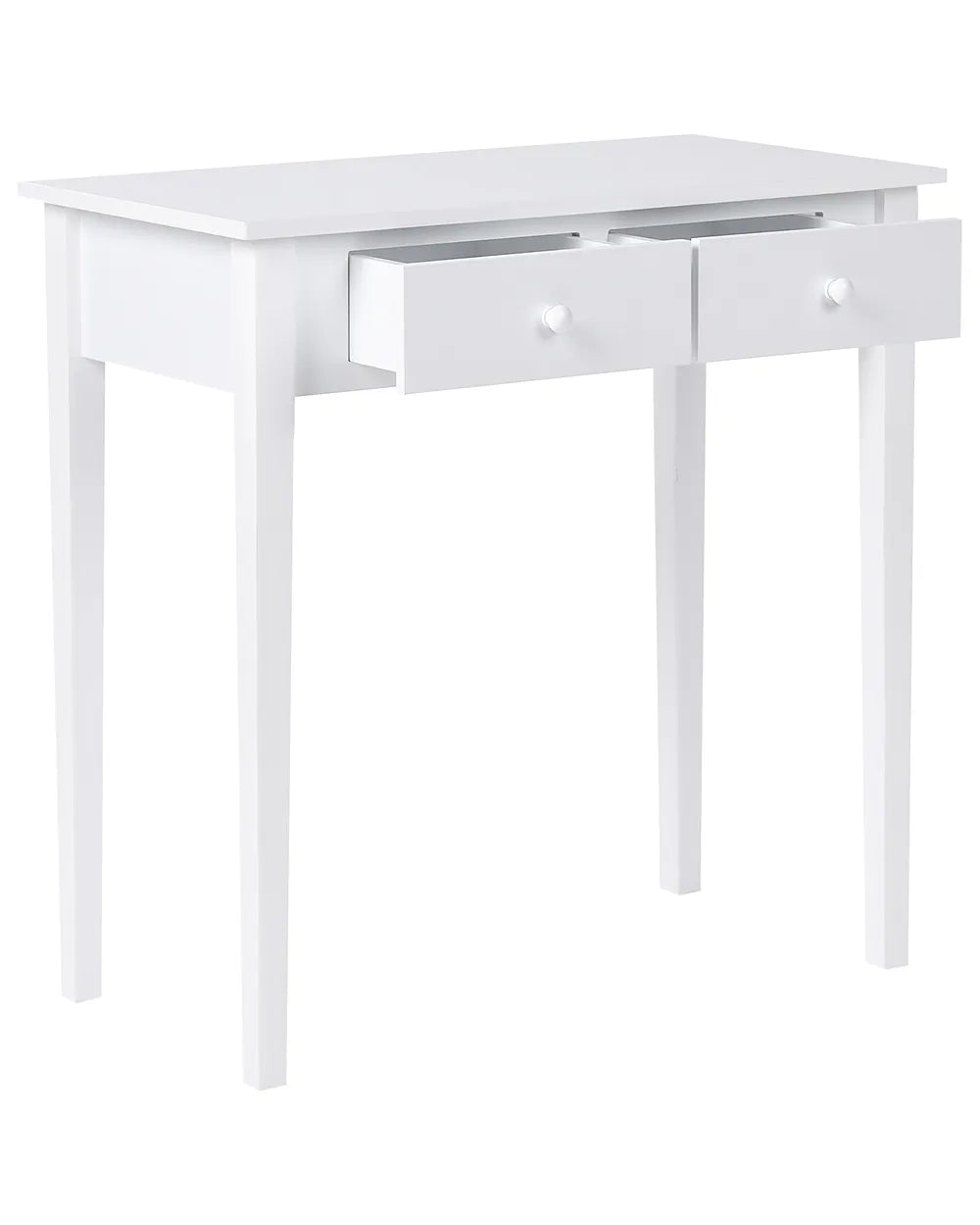 A white wooden writing desk with two drawers, shown on a plain white background.
