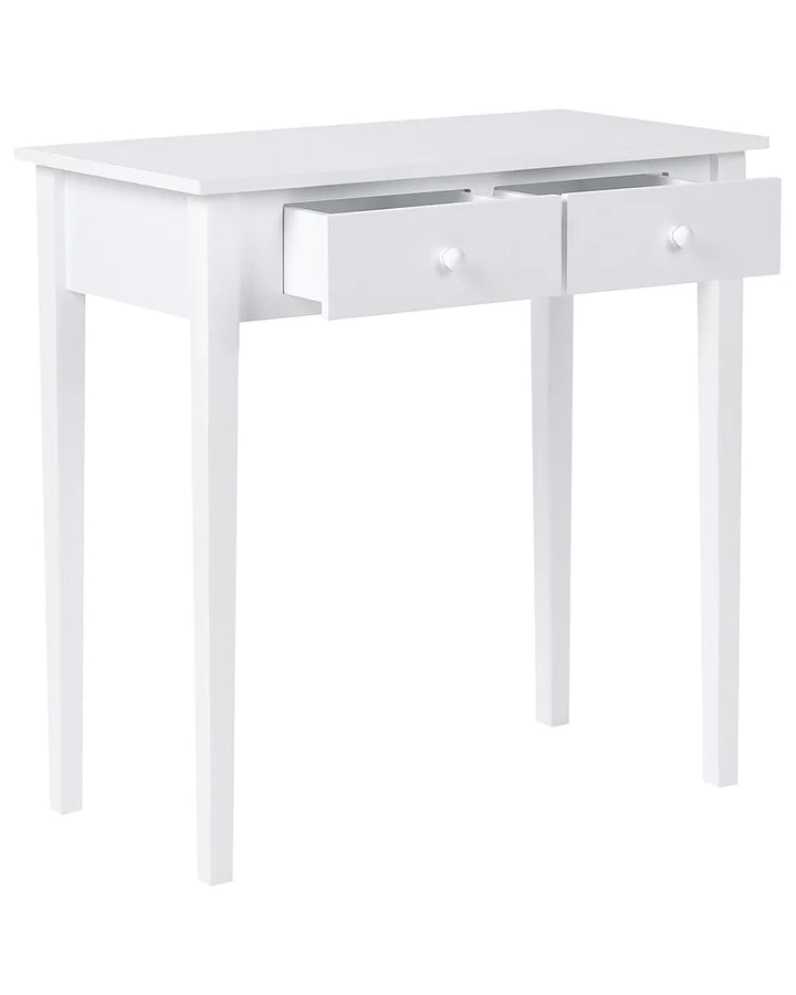 A white wooden writing desk with two drawers, shown on a plain white background.
