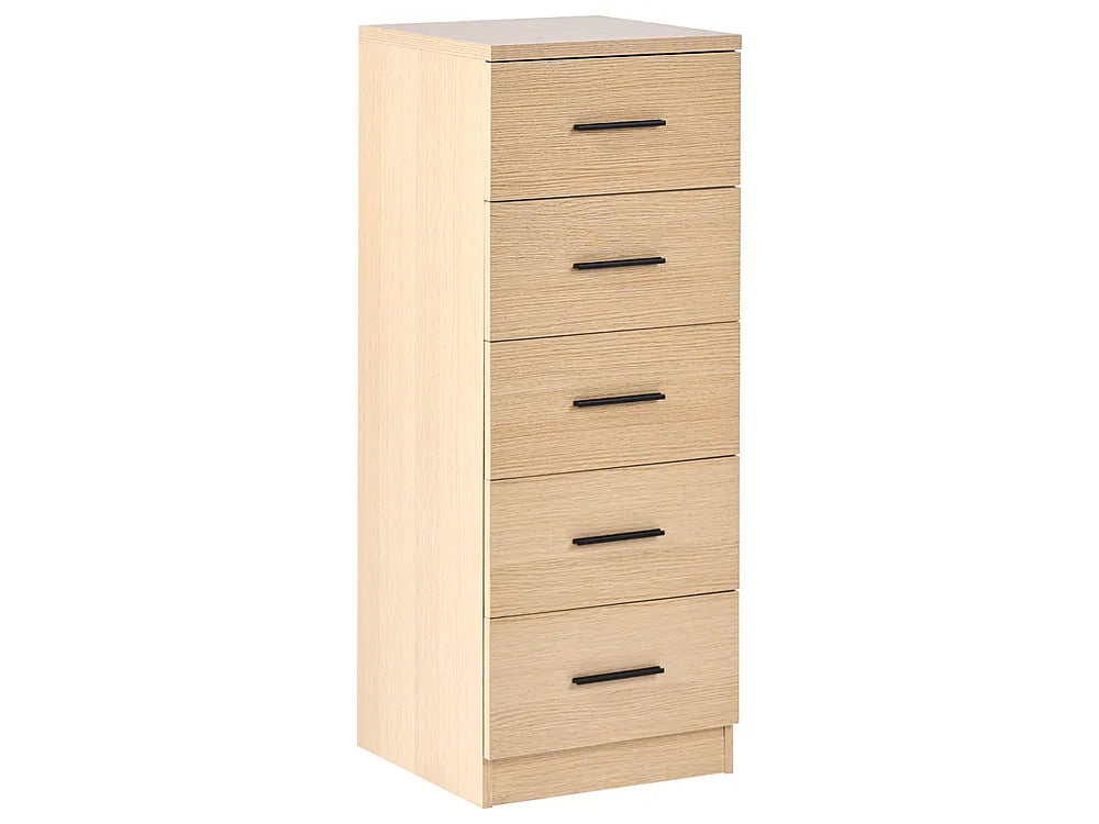 A tall, narrow five-drawer chest of drawers in a light natural wood finish with slim black metal handles, shown on a plain white background.