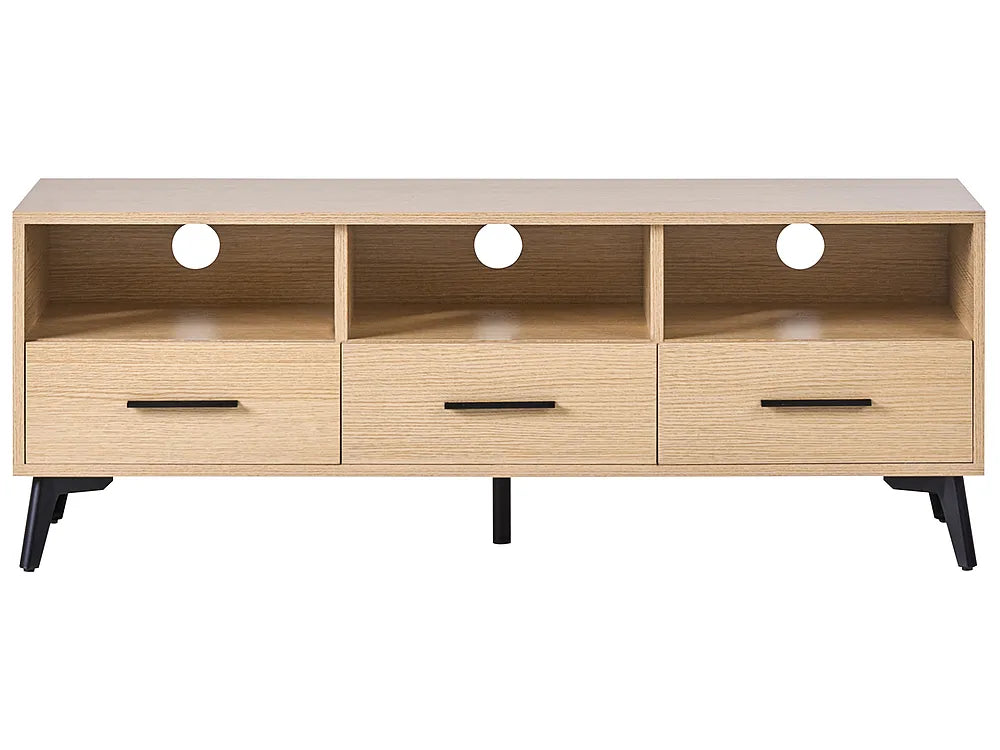 A modern three-drawer media console with a light oak wood finish, black metal legs, and circular cutouts in the back panel, shown against a plain white background.