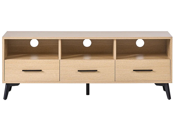 A modern three-drawer media console with a light oak wood finish, black metal legs, and circular cutouts in the back panel, shown against a plain white background.