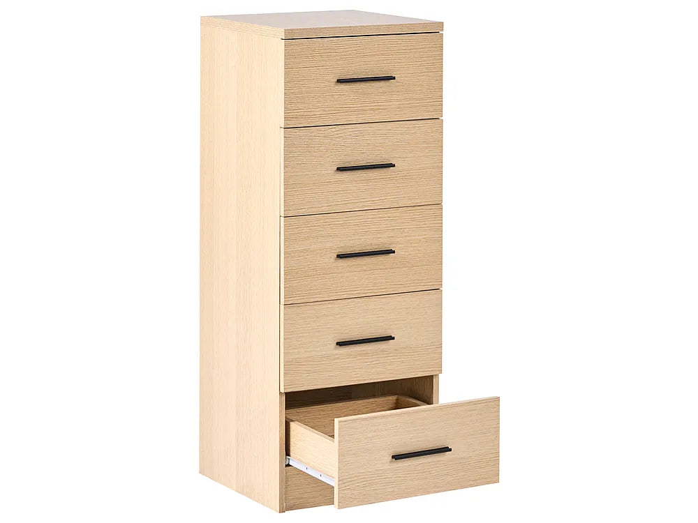 A tall, narrow five-drawer chest in a light natural wood finish with black drawer pulls, shown on a plain white background with the bottom drawer pulled open.