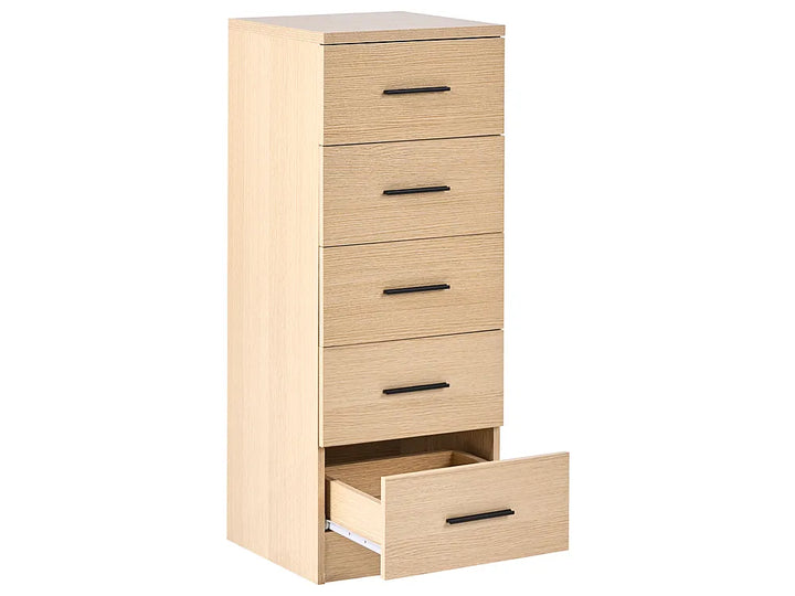 A tall, narrow five-drawer chest in a light natural wood finish with black drawer pulls, shown on a plain white background with the bottom drawer pulled open.