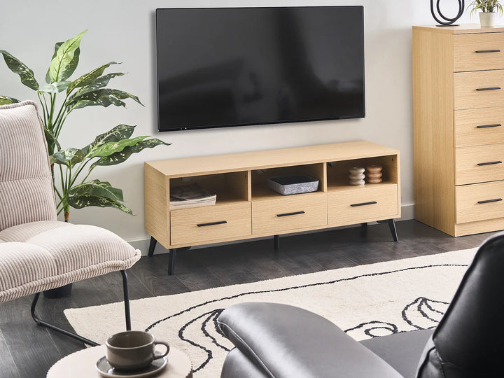 Modern living room with wooden TV stand, sofa, and plant.