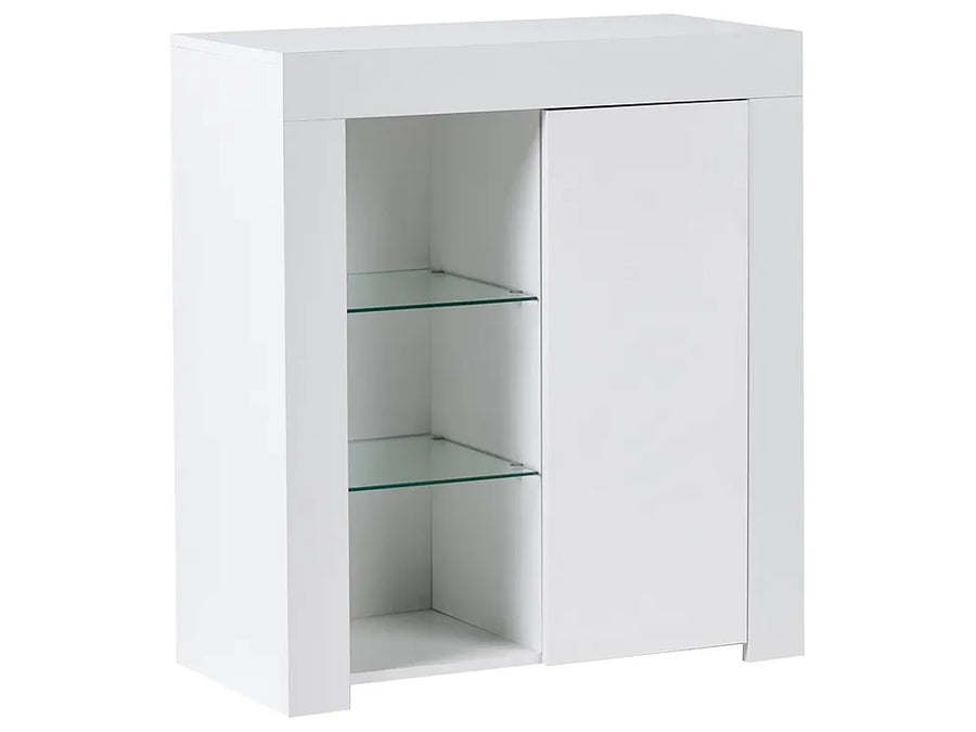 White cabinet with glass shelves on a white background