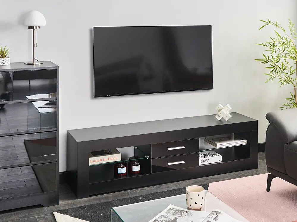Black TV stand with open shelving