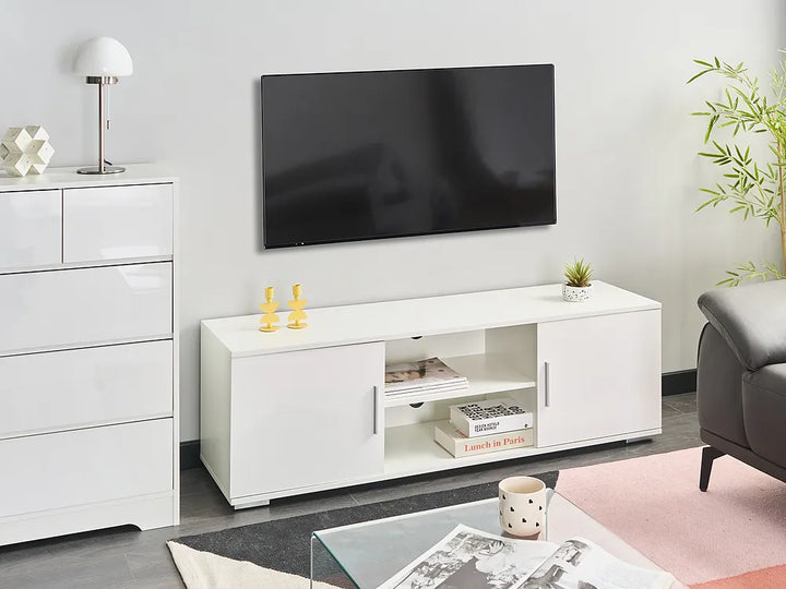 White TV stand with open shelving