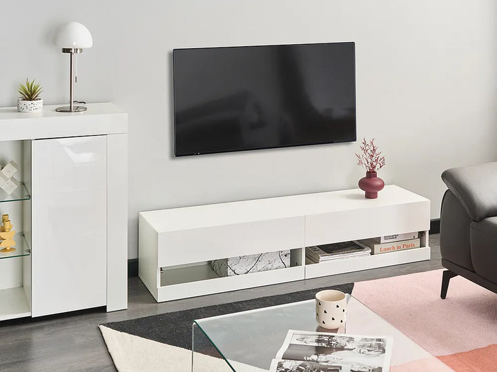 White TV unit with LED lights