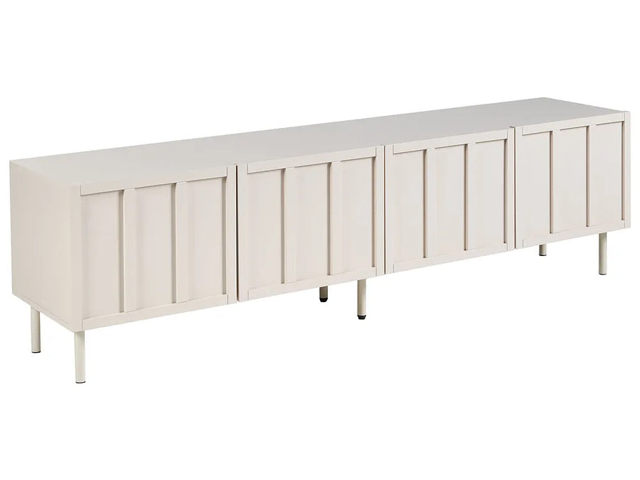 White sideboard with slatted design on a white background