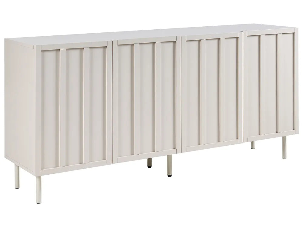 A modern four-door sideboard cabinet in a warm off-white finish, featuring vertical panel details on the doors and slim metal legs, shown against a plain white background.
