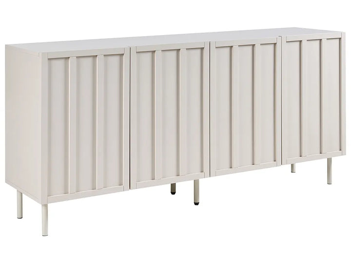 A modern four-door sideboard cabinet in a warm off-white finish, featuring vertical panel details on the doors and slim metal legs, shown against a plain white background.