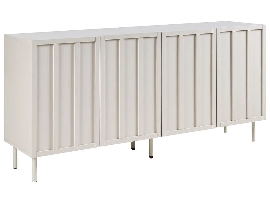 A modern four-door sideboard cabinet in a warm off-white finish, featuring vertical panel details on the doors and slim metal legs, shown against a plain white background.