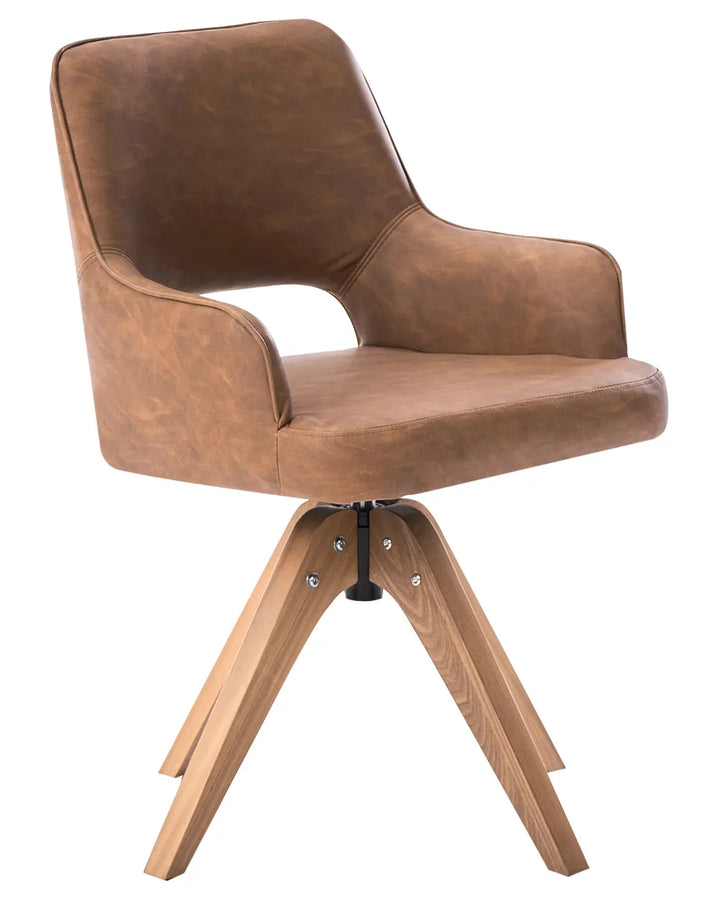 A modern swivel dining chair with a warm brown faux leather upholstered seat and curved backrest, supported by a natural wood four-star base on a white background.