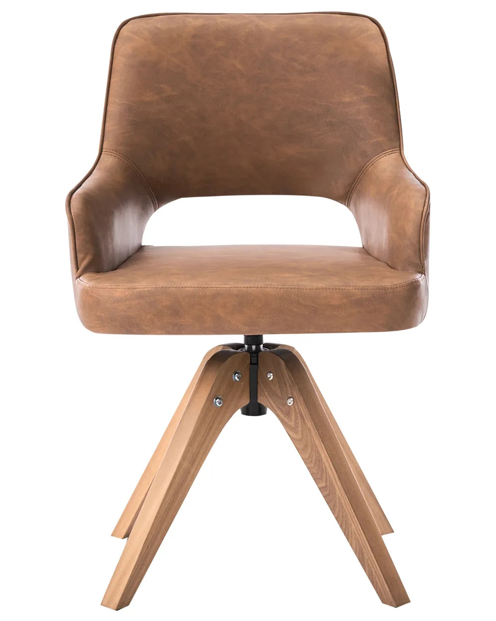 A modern swivel dining chair with a warm brown faux leather upholstered seat and backrest, supported by a natural wood tripod base with a black central column.