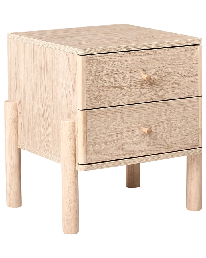 Wooden nightstand with two drawers on a white background